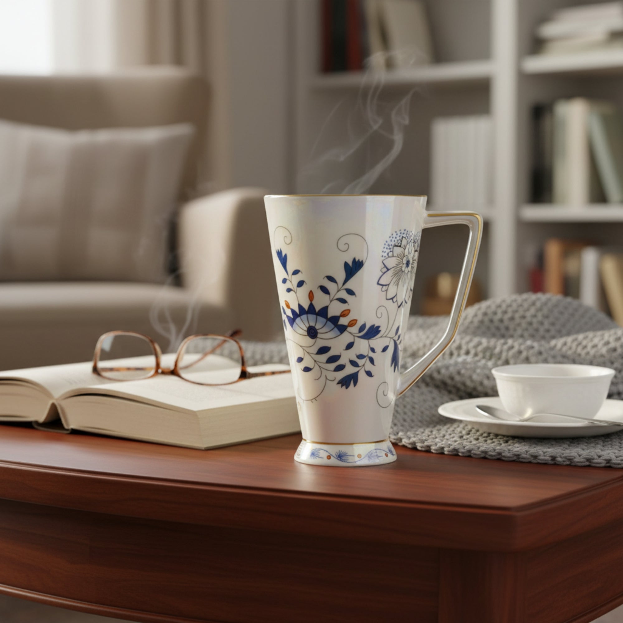 Premium Porcelain Mug with Blue Floral Design & Gold Handle