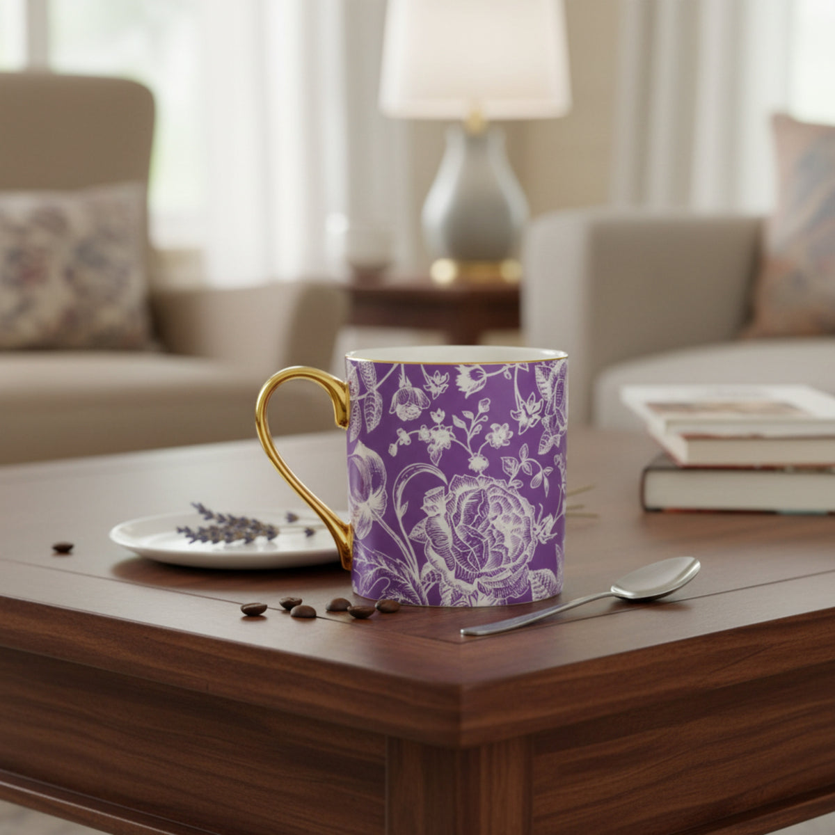 Purple Floral Mug with Gold Handle