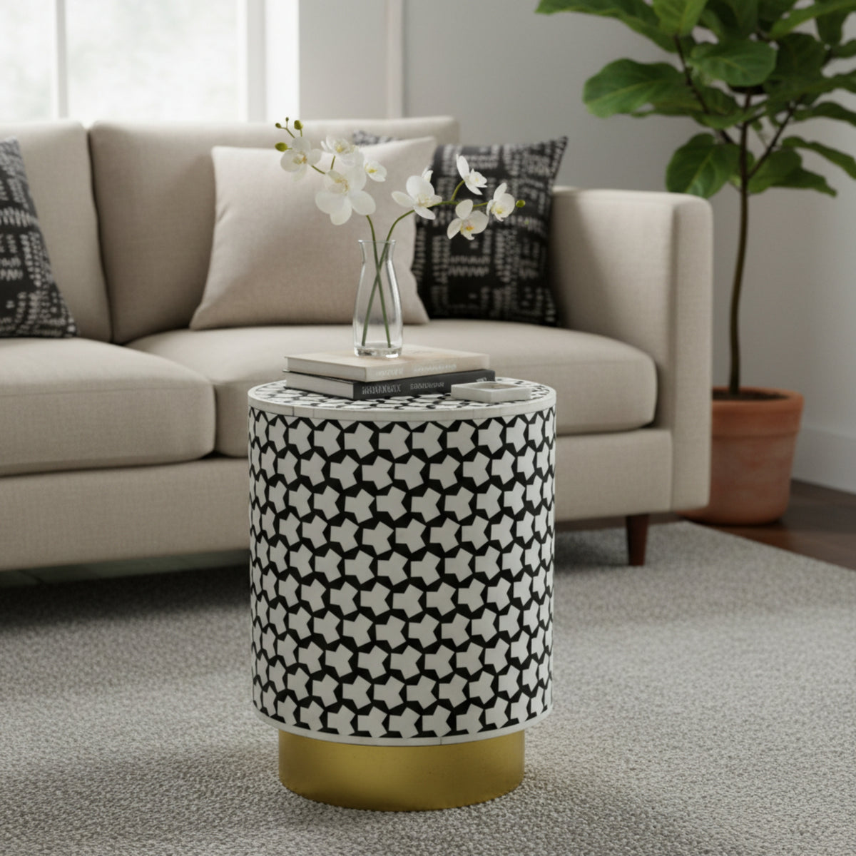 Resin Side Table with Geometric Design and Mild Steel Base