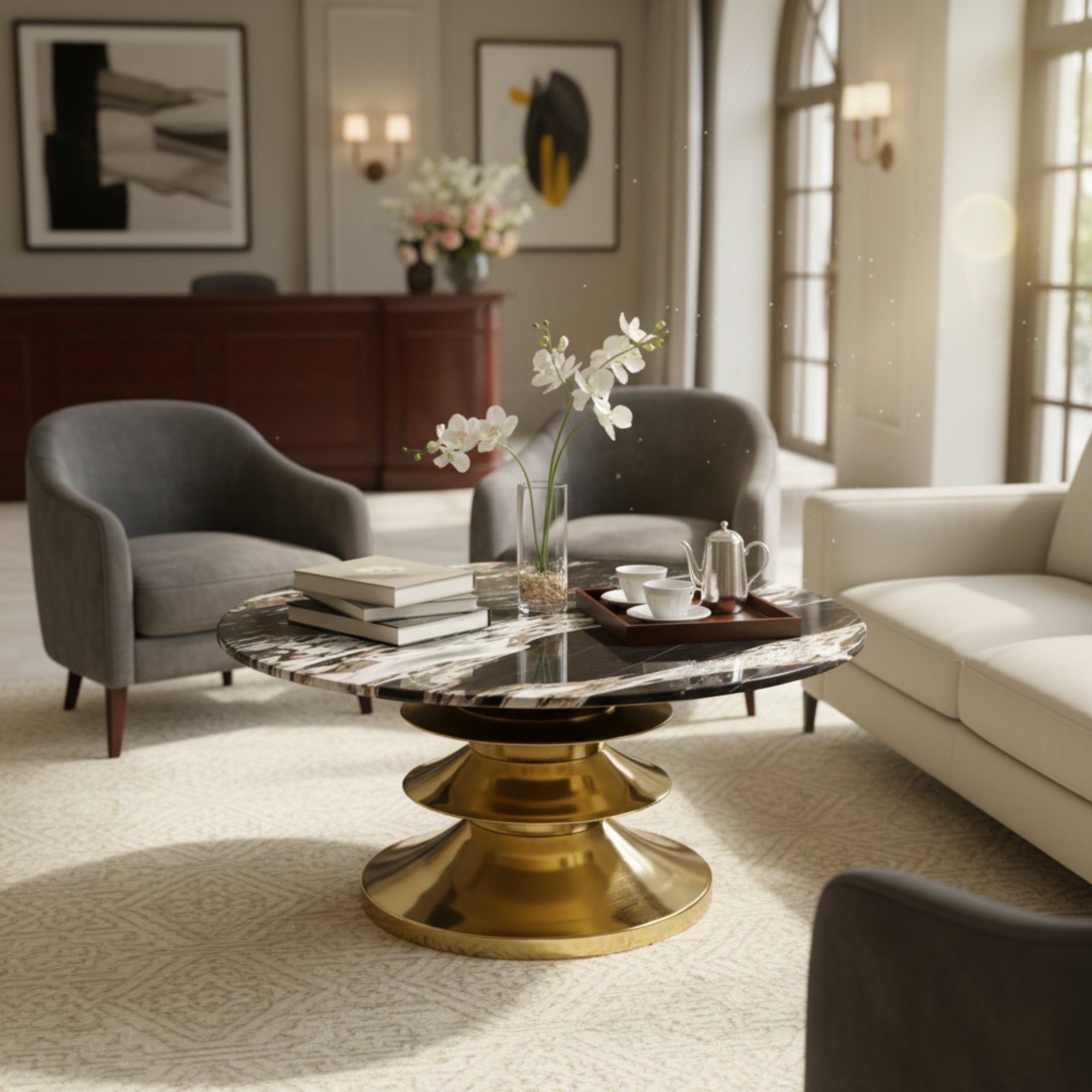 Round Marble Coffee Table with Gold Metal Base