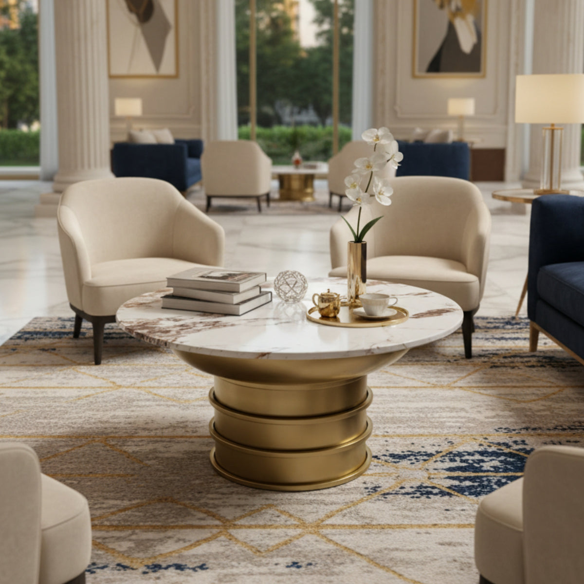 Round Marble Top Coffee Table with Metal Base