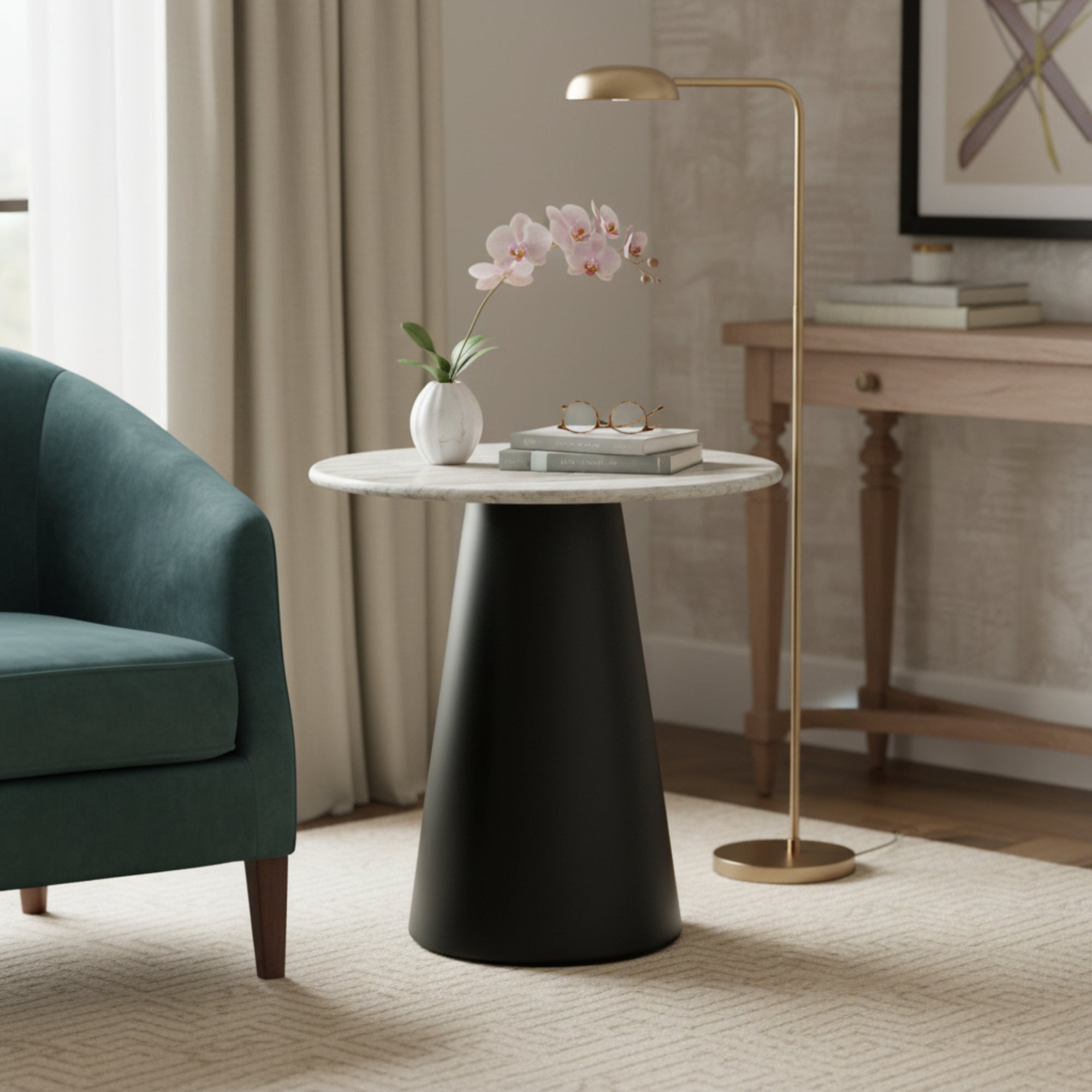 Round Marble Top Side Table with Metal Base