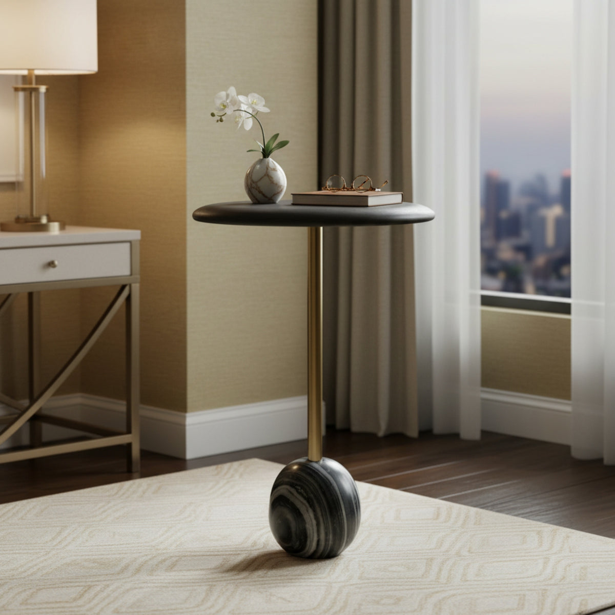 Round Wooden Top Side Table with Marble & MS Base