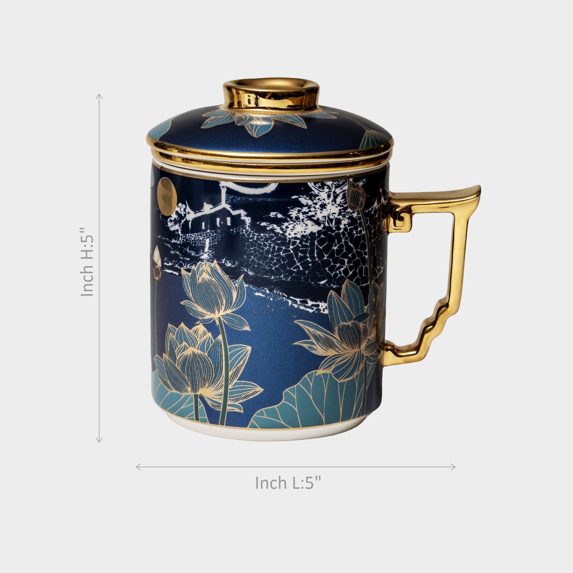 Royal Blue Porcelain Tea Mug with Lid & Gold Handle.