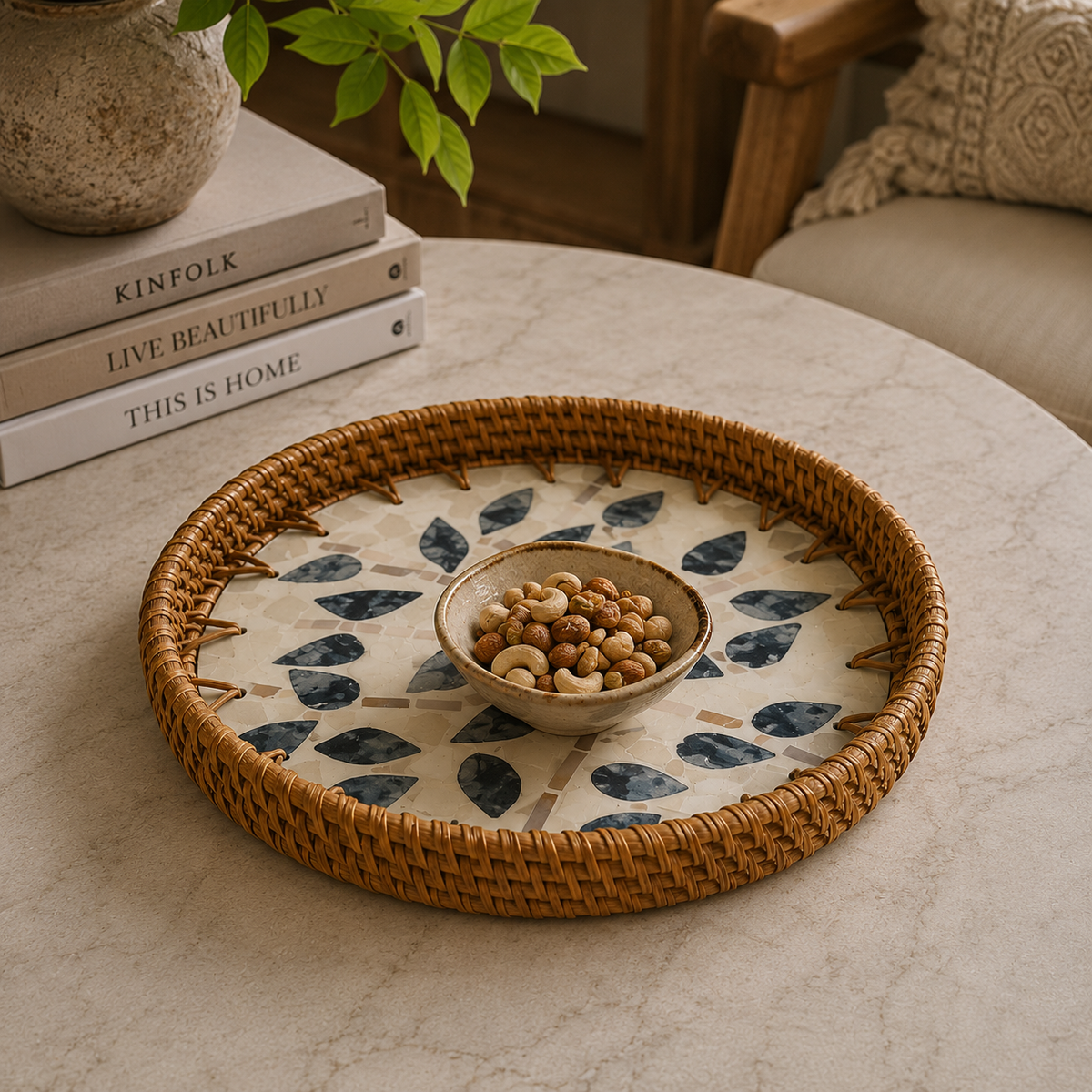 Blue Petal Mother of Pearl Round Tray