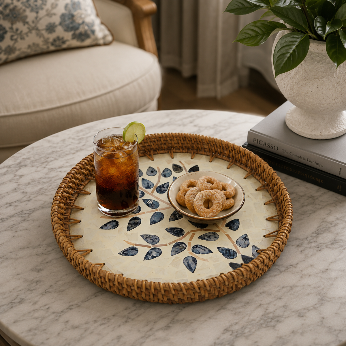 Blue Petal Mother of Pearl Round Tray