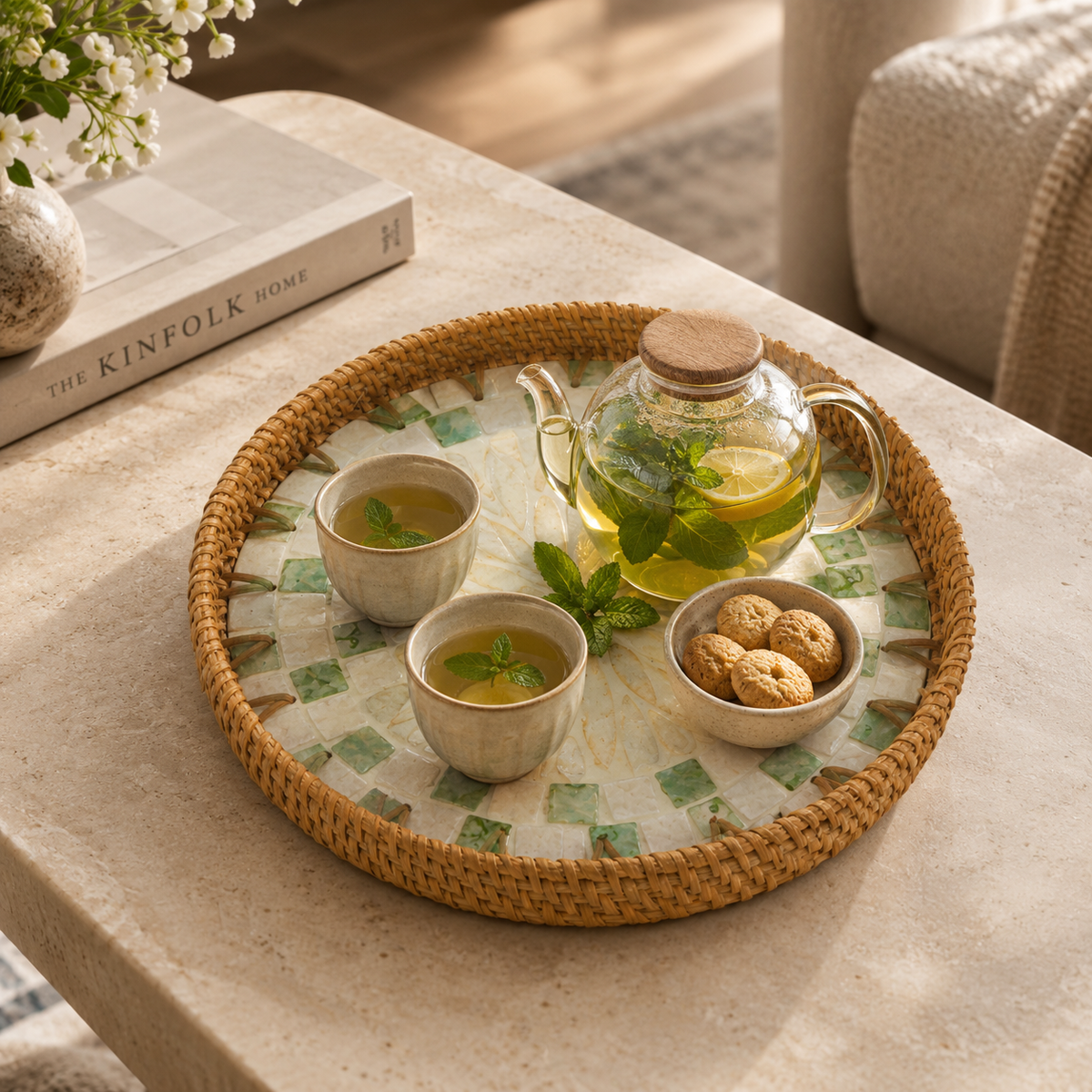 Green Mosaic Mother of Pearl Round Tray