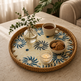 Blue Floral Mother of Pearl Round Wooden Tray – Large