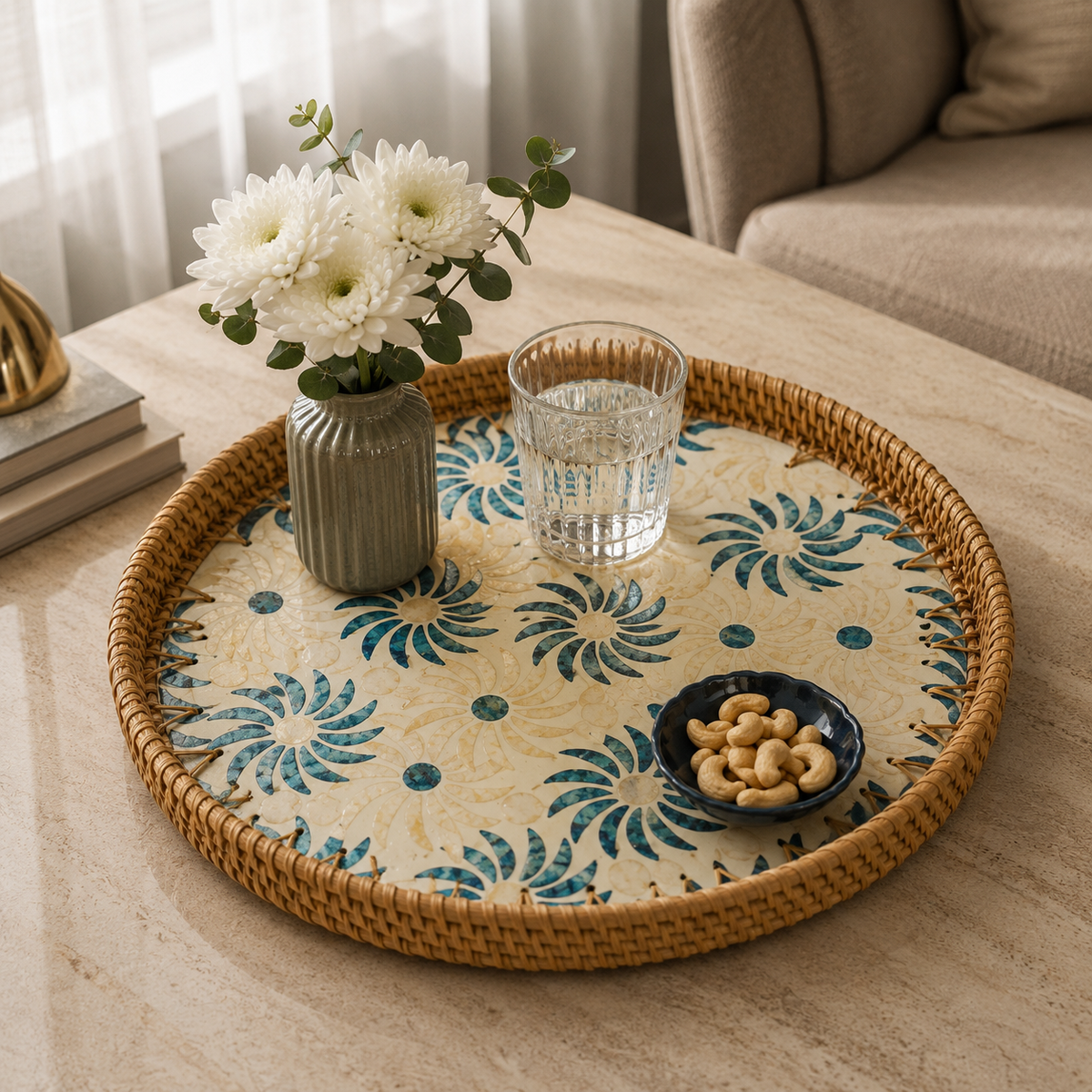 Blue Floral Mother of Pearl Round Wooden Tray – Small