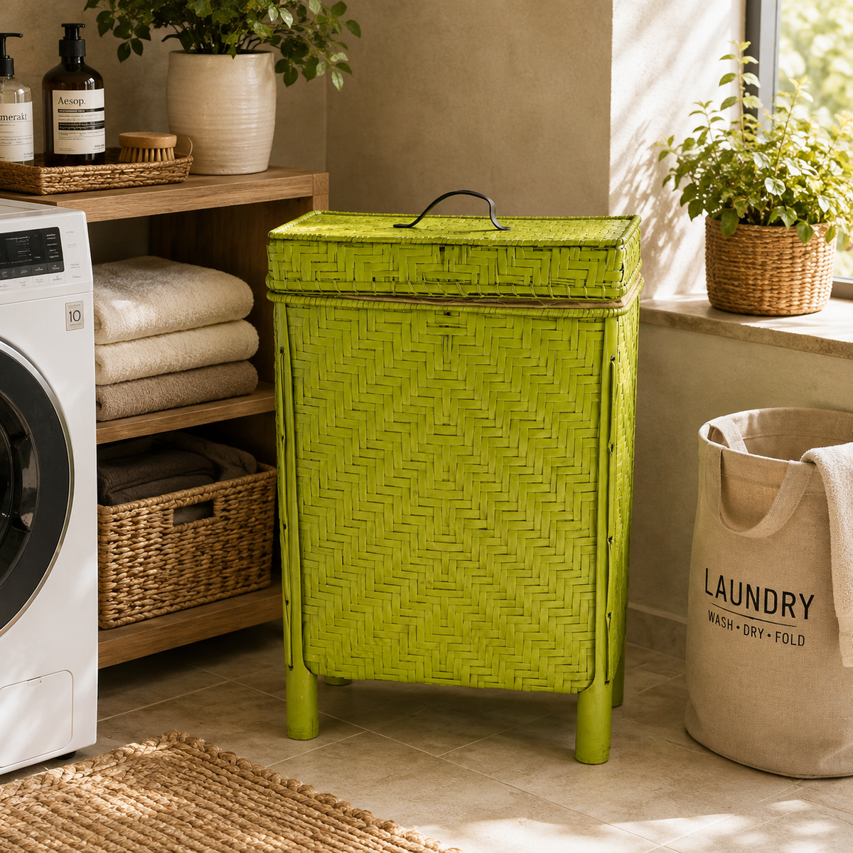 Green Woven Bamboo Laundry Basket