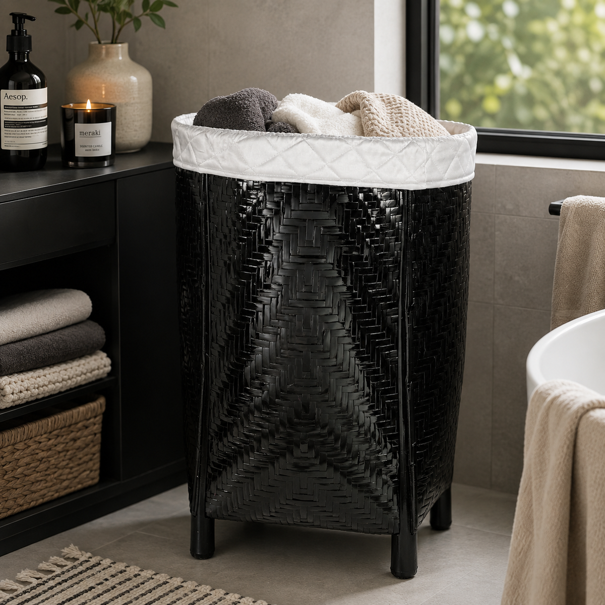 Black Woven Bamboo Laundry Basket