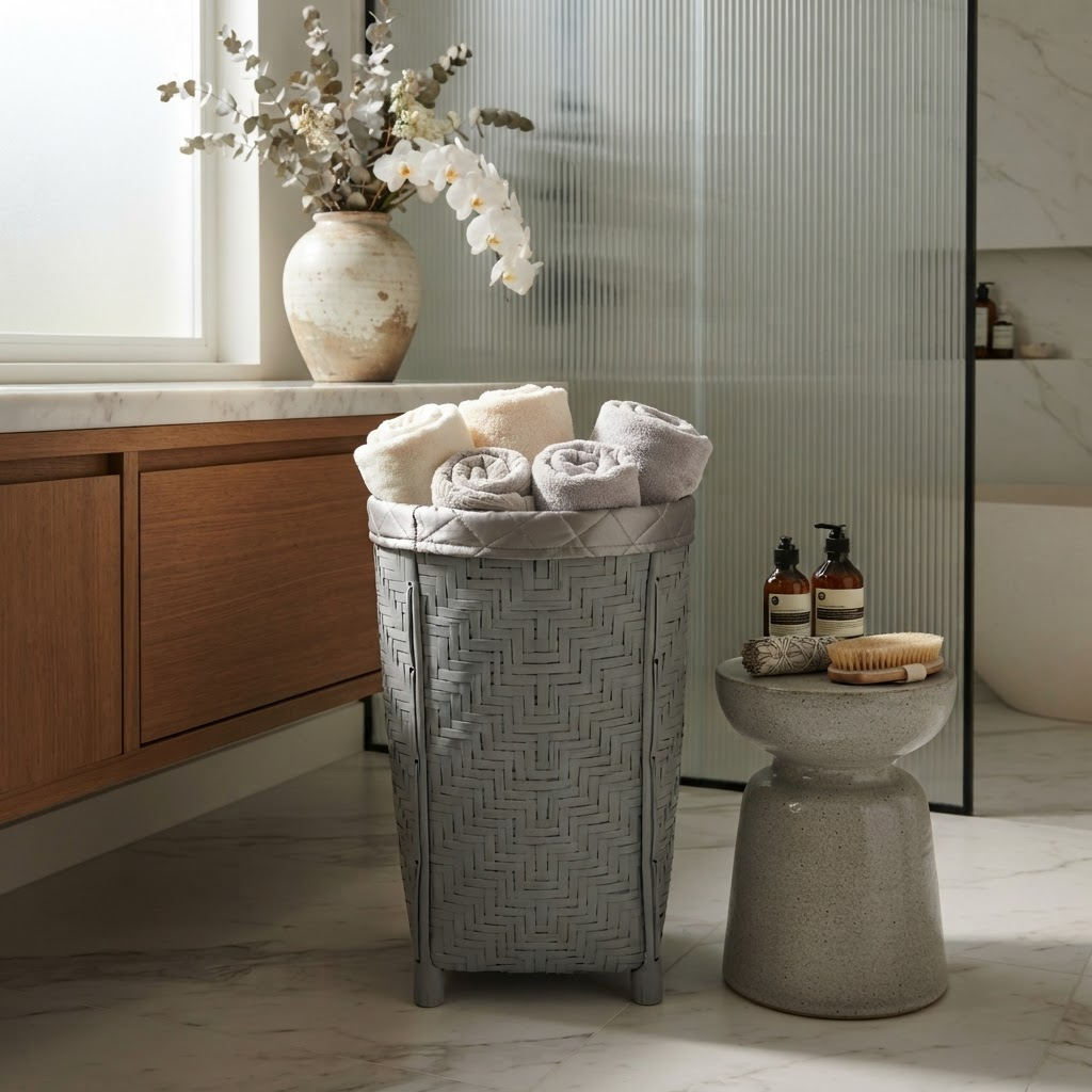 Light Blue Woven Bamboo Laundry Basket