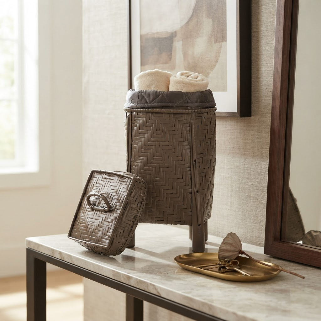 Small Brown Herringbone Bamboo Laundry Basket