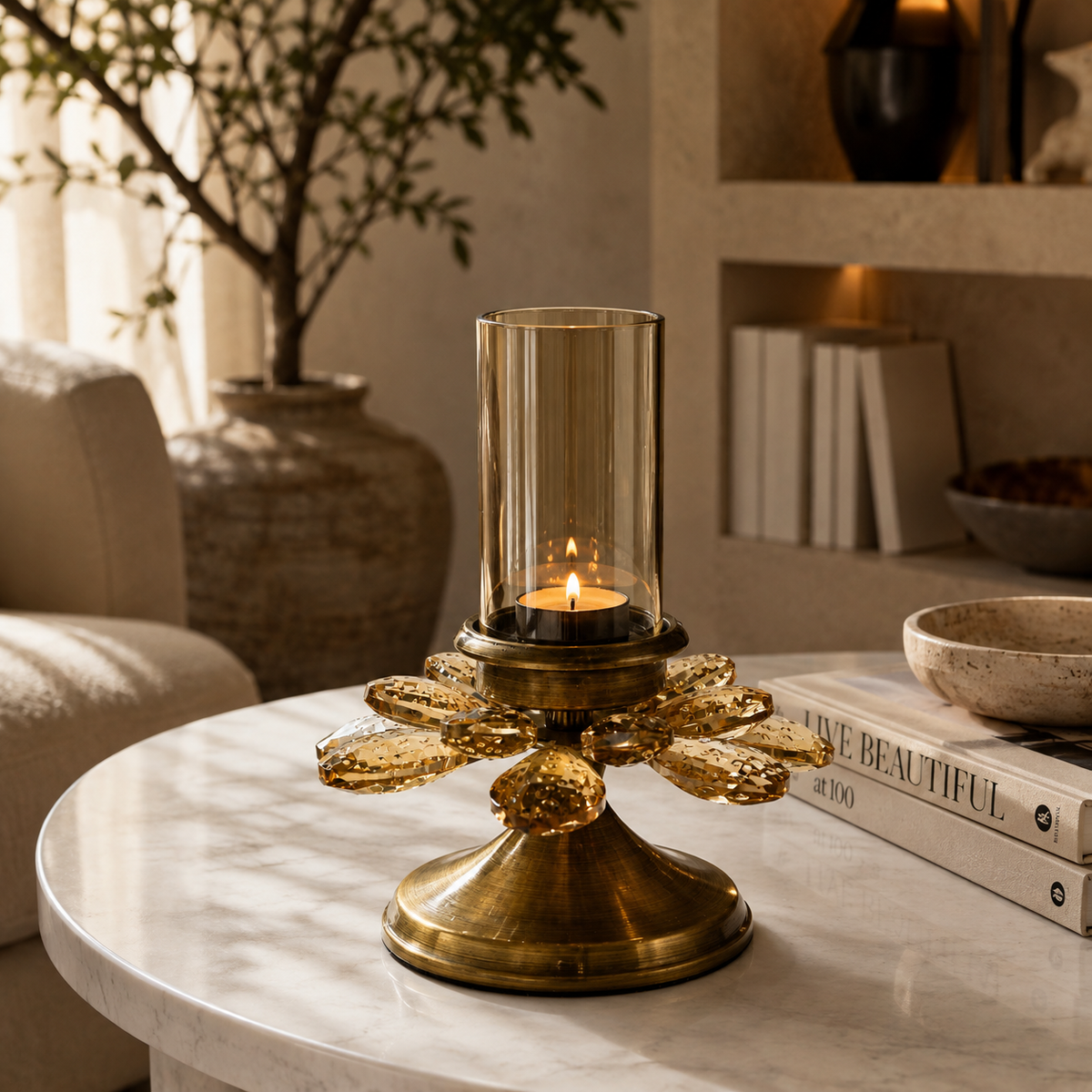 Floral Glass & Metal Candle Holder