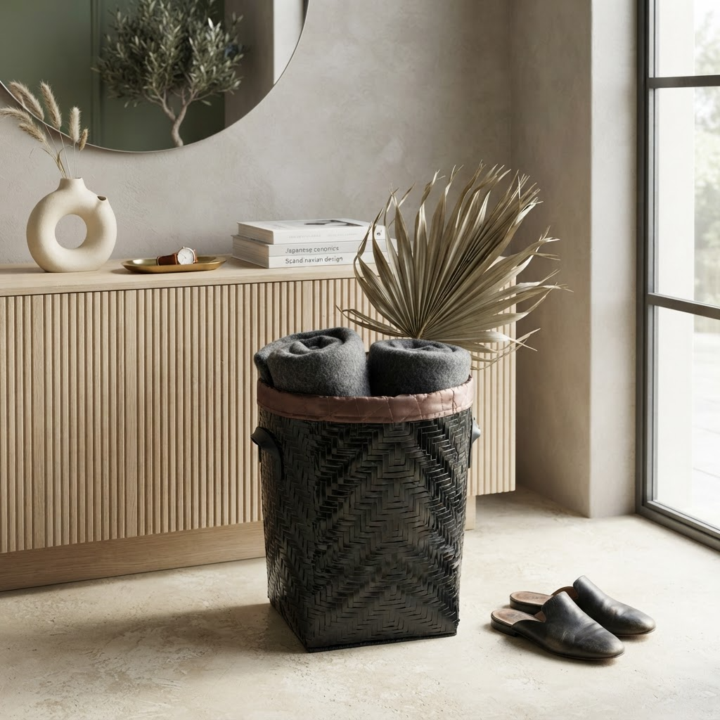 Medium Black Herringbone Bamboo Laundry Basket