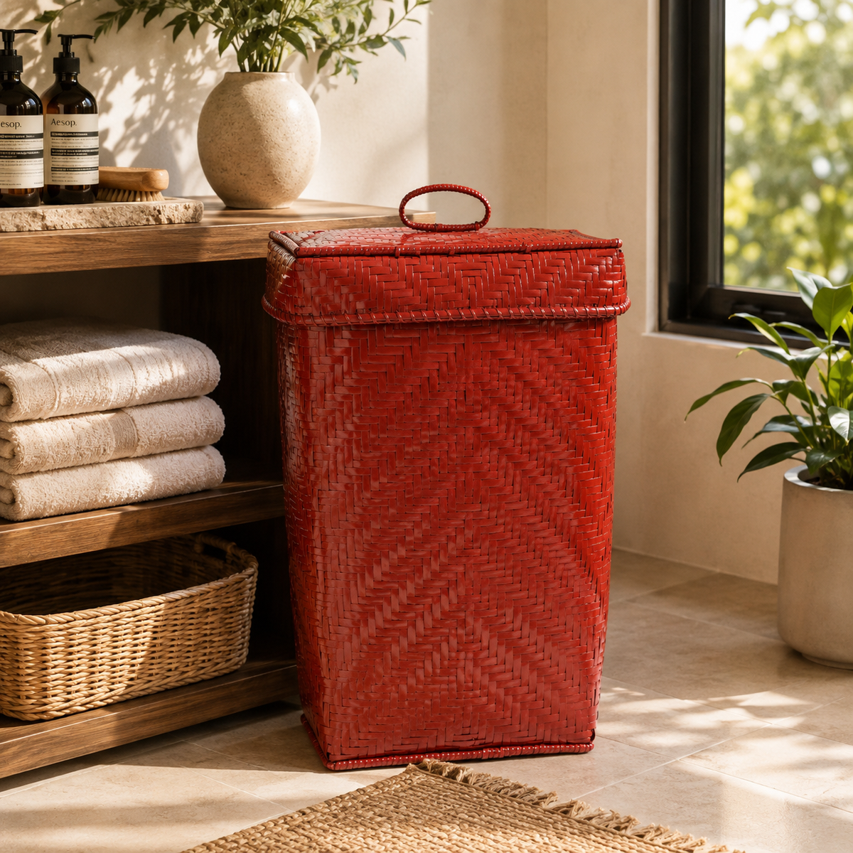 Red Woven Bamboo Laundry Basket