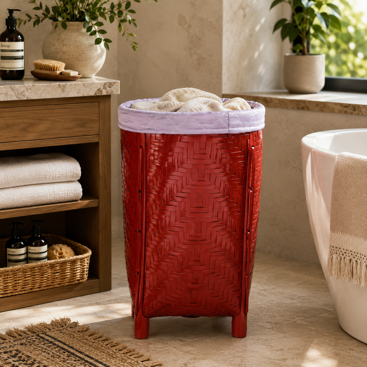 Red Woven Bamboo Laundry Basket