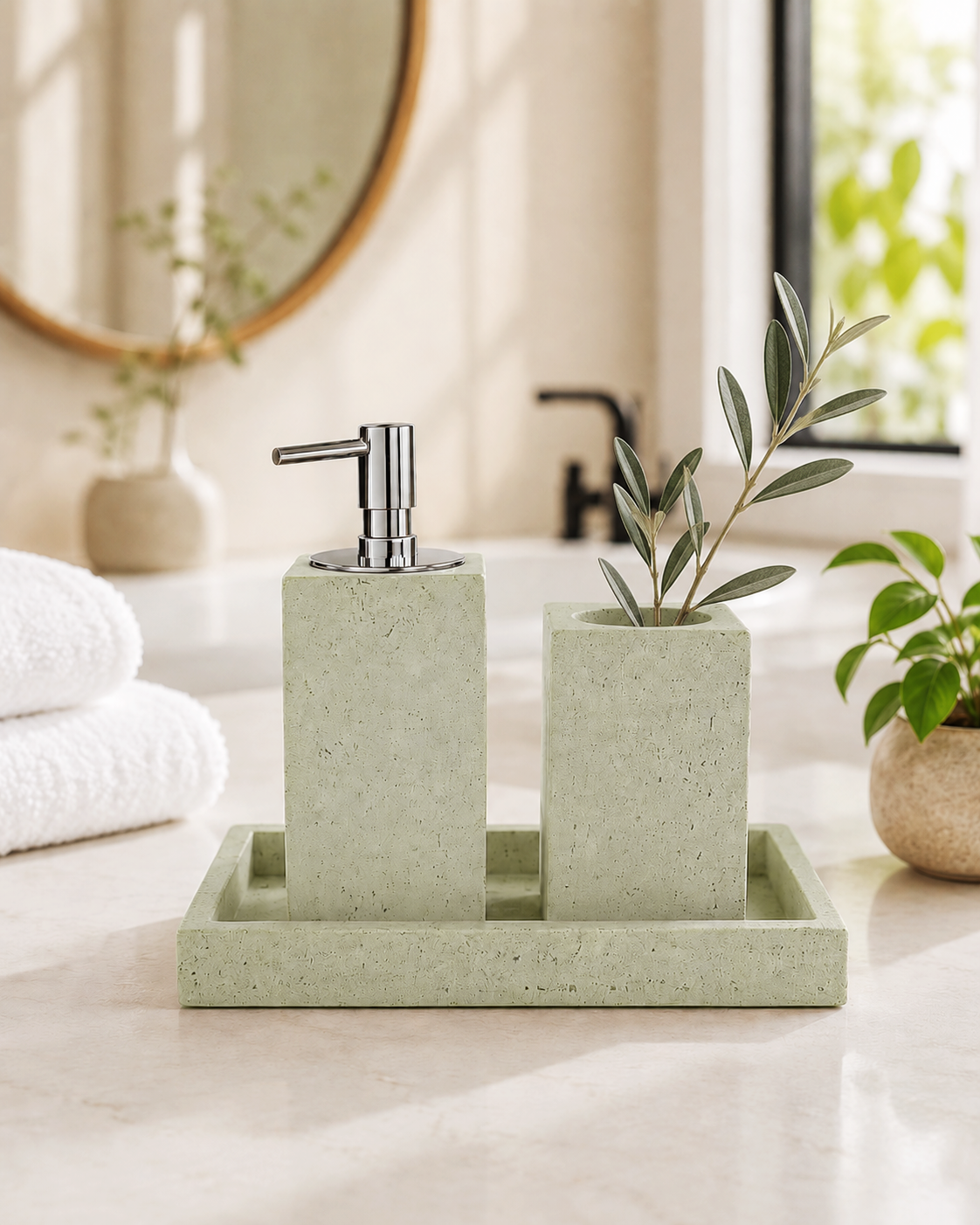 Textured bathroom accessories set with rectangular soap dispenser, tumbler and tray