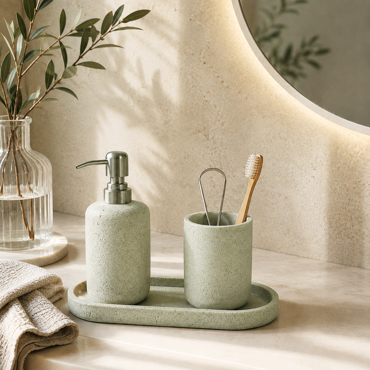 Textured bathroom accessories set with soap dispenser, tumbler and tray