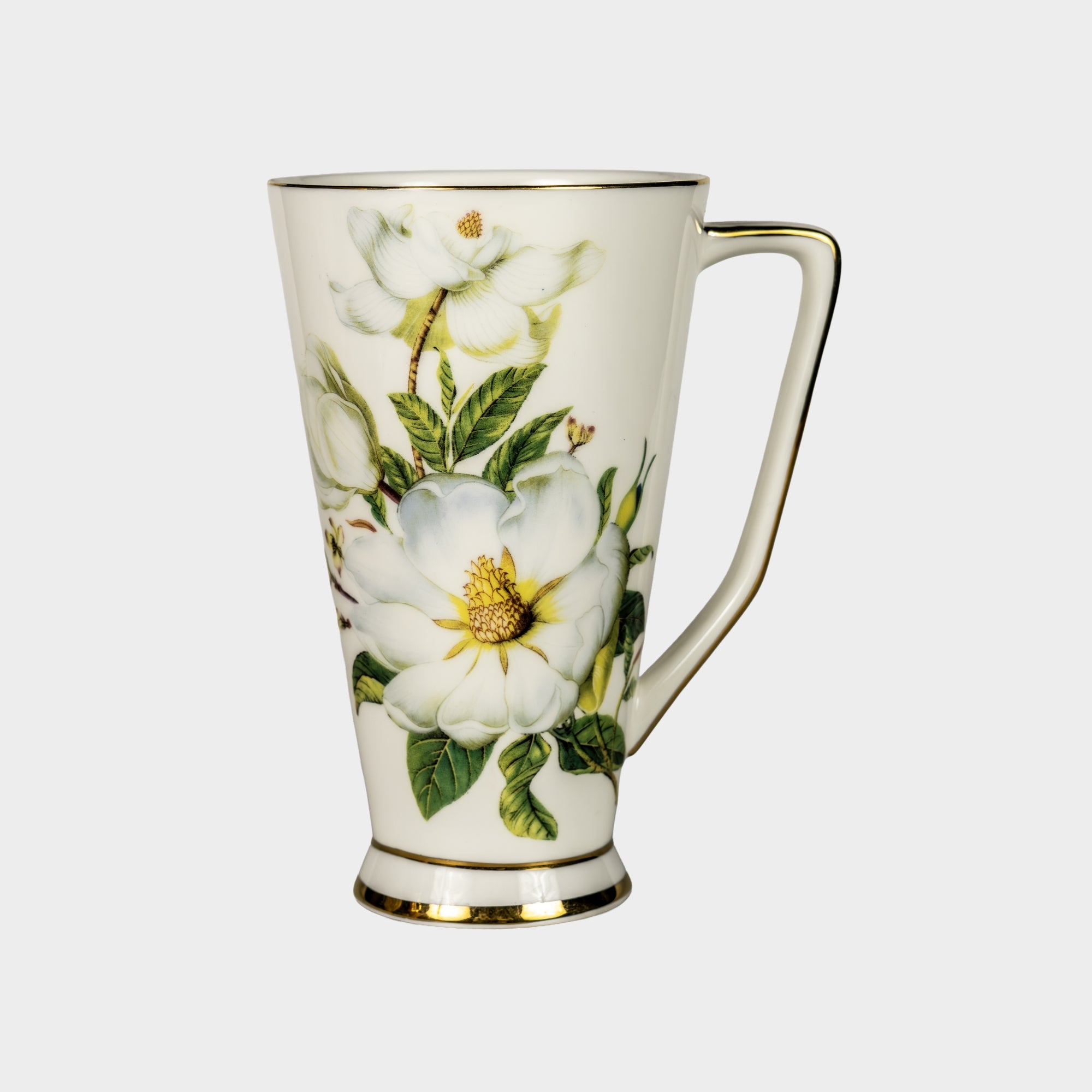 White Magnolia Porcelain Mug – Gold Detailed Handle..