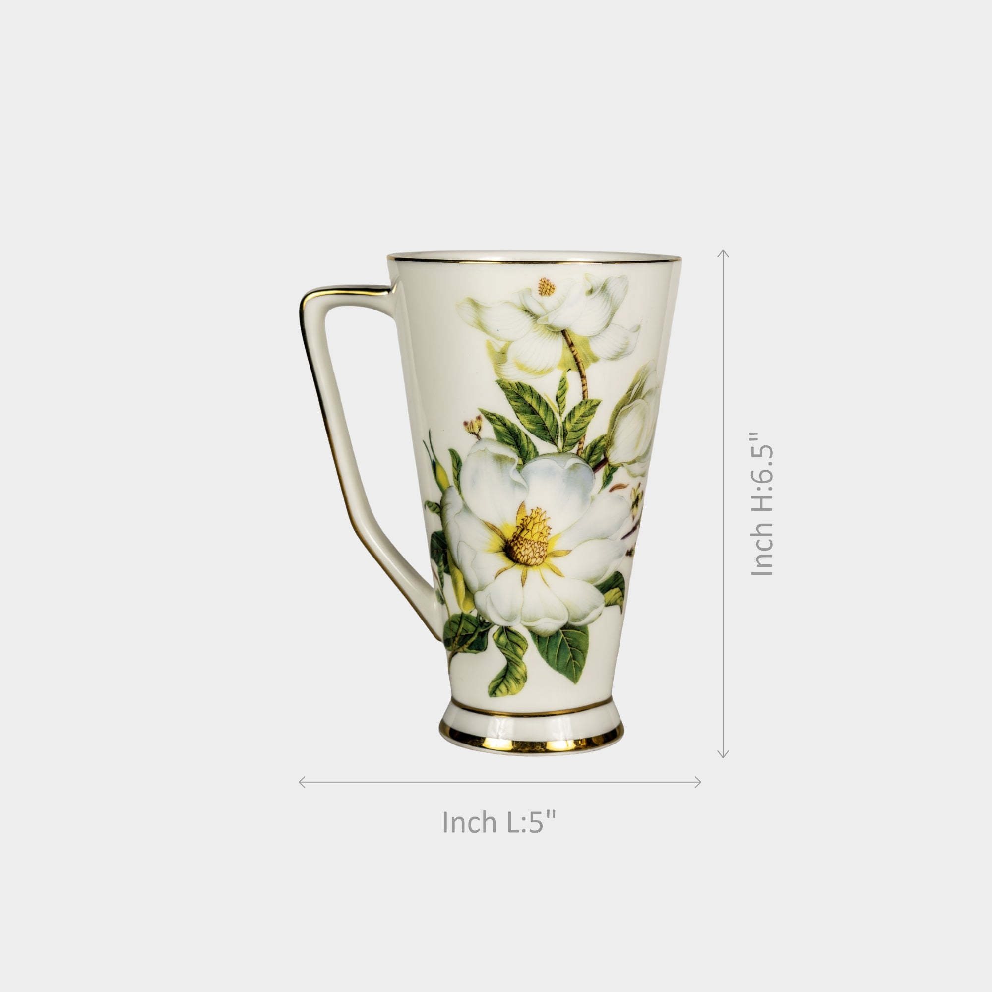 White Magnolia Porcelain Mug – Gold Detailed Handle.