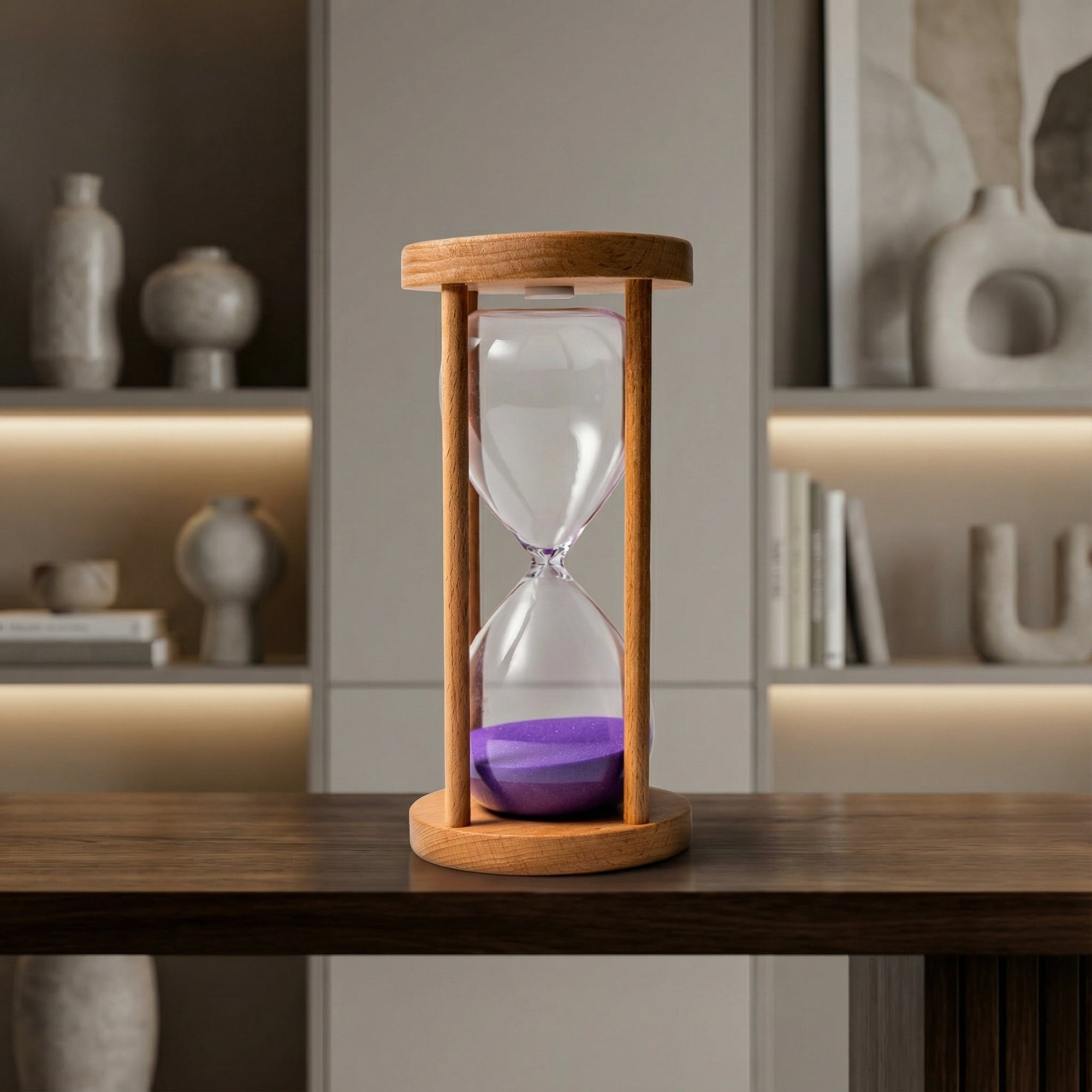 Wooden Hourglass with Purple Sand—Modern Decorative Timer