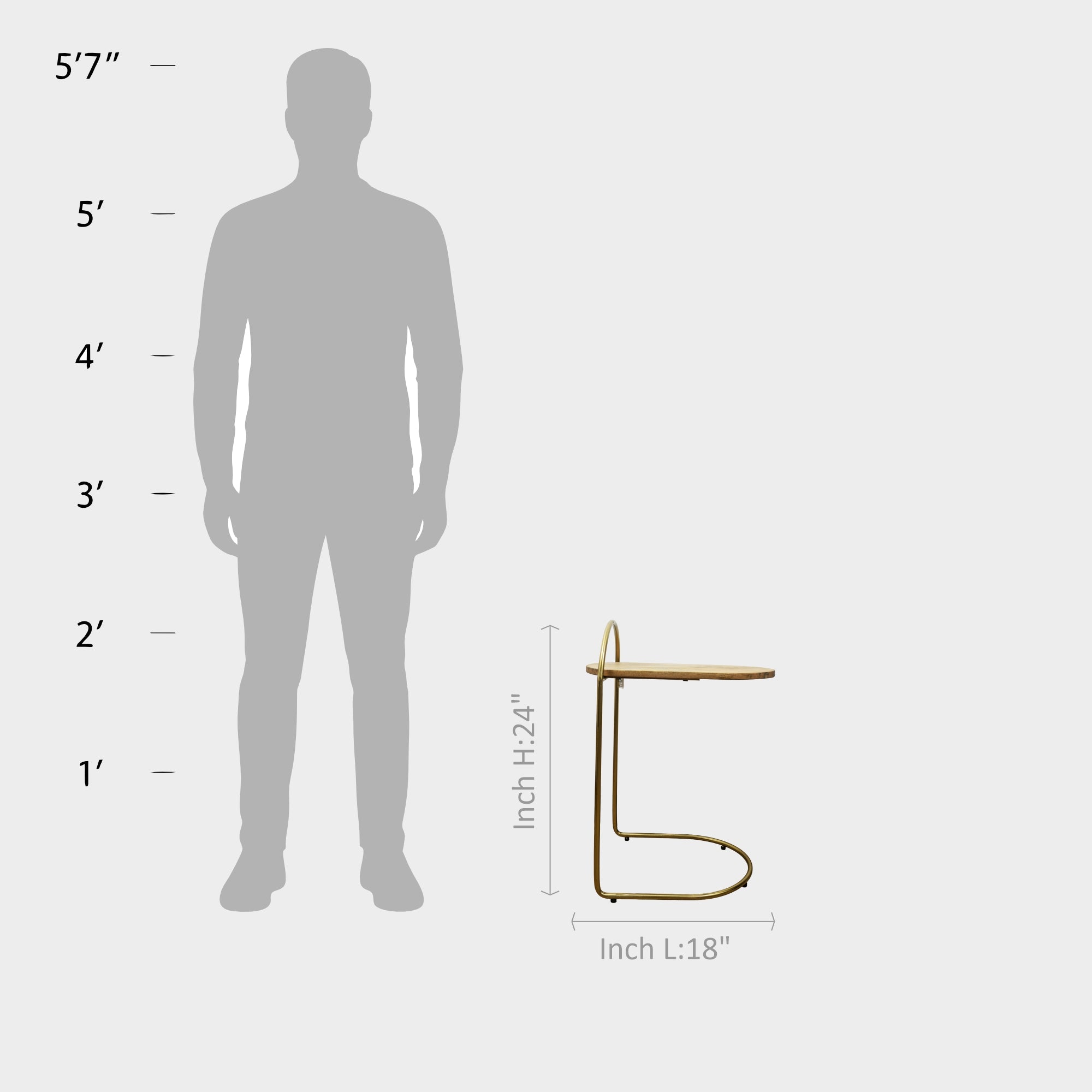 Wooden Top C-Shaped Side Table with Metal Base.