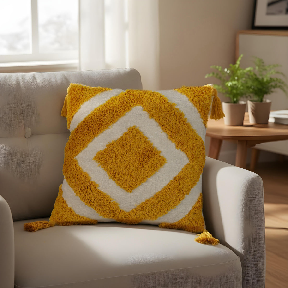 Yellow Boho Cushion Cover with Geometric Design & Tassels