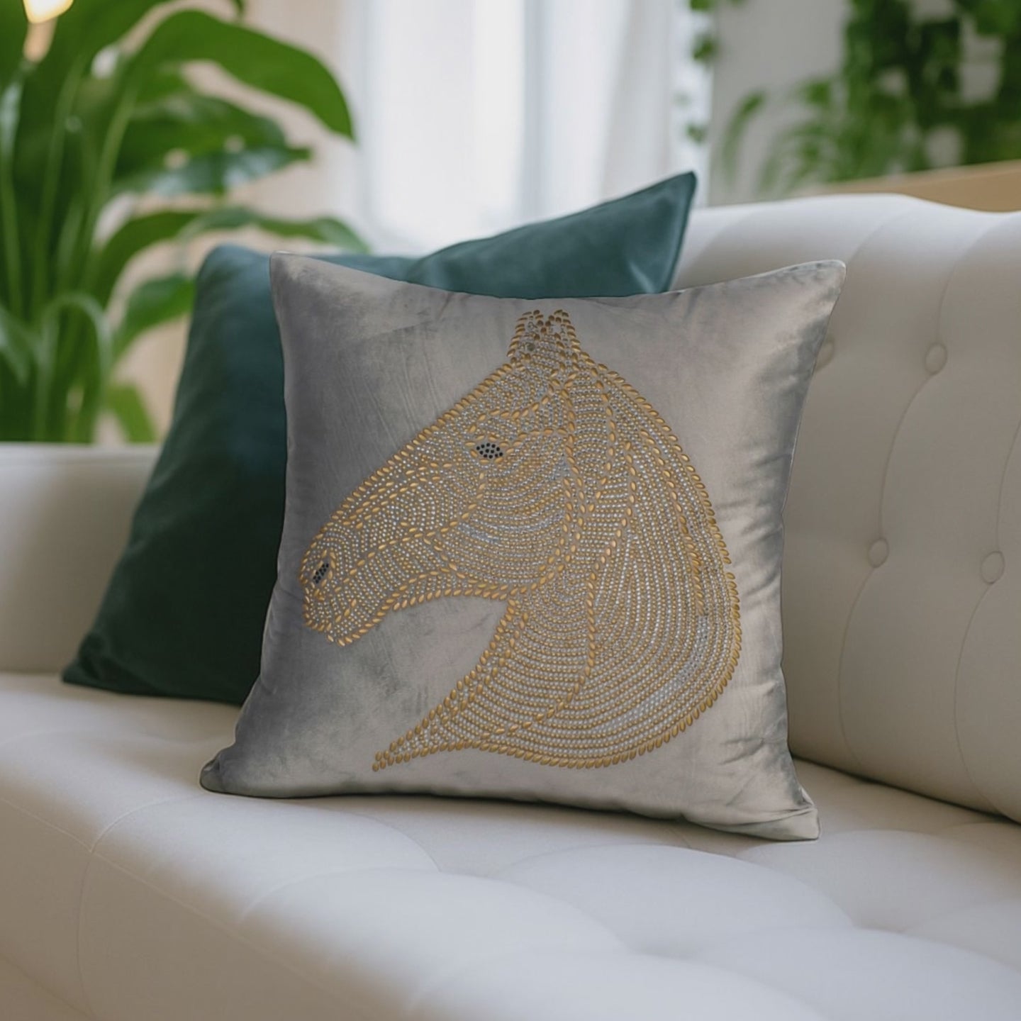 Grey Horse Head Embroidered Cushion